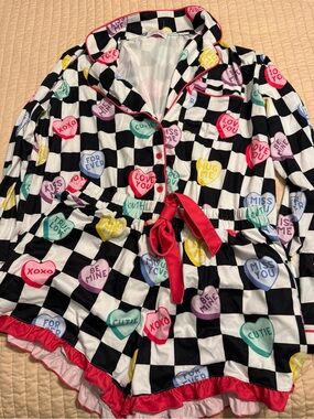 Women’s Black & White Check Heart-Print Pajama Set with Pink Trim